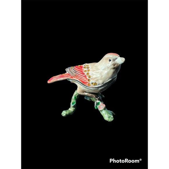 Vtg Female Cardinal Bird Pewter Jewelry Trinket Box Hinged Lid Enamel Jeweled - Picture 5 of 9